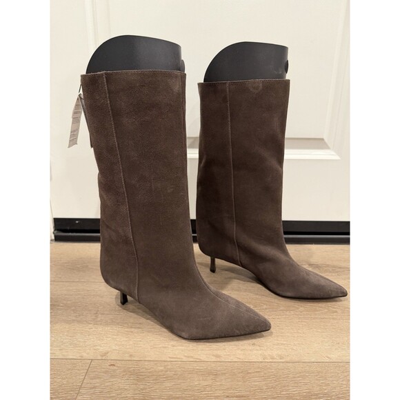 Zara Wide Leg Split Suede Leather Stiletto Heel Boots Brown Women US 8 EU 39 - Picture 1 of 11